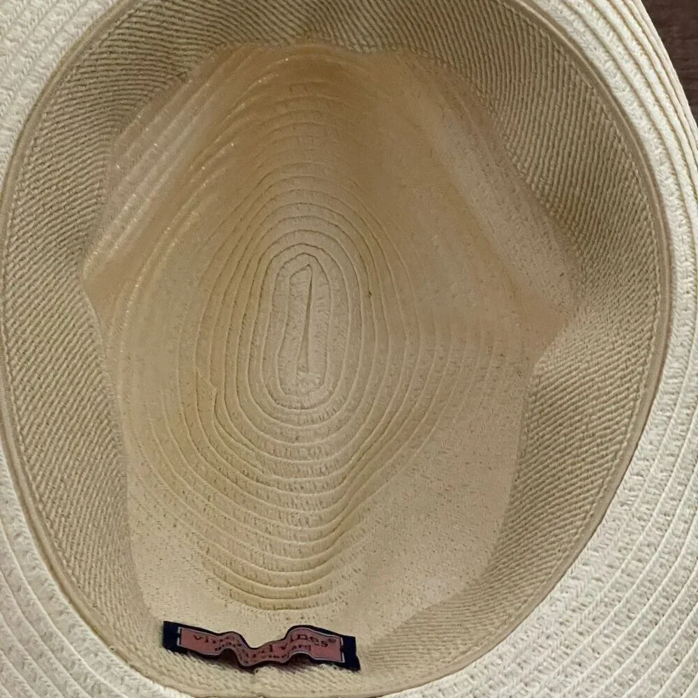 Vineyard Vines White Wide 4" Brim Fedora Sunhat Paper Straw OS Elastic Band - Picture 5 of 7